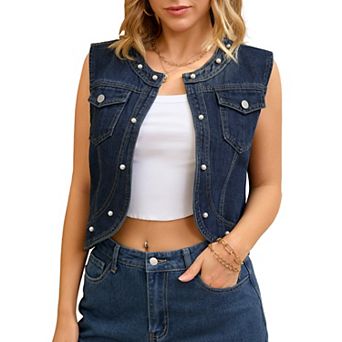 Women's Cropped Denim Cardigan Sleeveless Decor Pearl Jean Jacket Shrug
