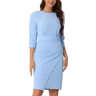 3/4 Sleeve Bodycon Pencil Dress for Women's Round Neck Wrap Wear to Work Church Midi Dress