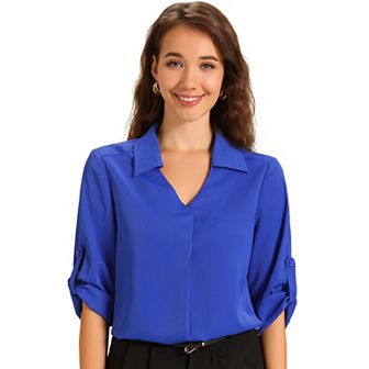 V Neck Collared Blouses for Women's Roll Up 3/4 Sleeves Flowy Pleated Tunic Tops