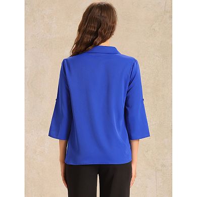 V Neck Collared Blouses for Women's Roll Up 3/4 Sleeves Flowy Pleated Tunic Tops