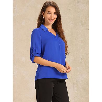 V Neck Collared Blouses for Women's Roll Up 3/4 Sleeves Flowy Pleated Tunic Tops