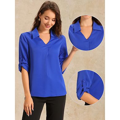 V Neck Collared Blouses for Women's Roll Up 3/4 Sleeves Flowy Pleated Tunic Tops