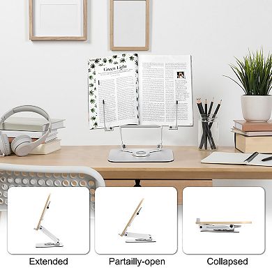 Book Stand for Reading, Adjustable Book Holder with 360° Swivel Base, Desktop Wood Cookbooks Stand