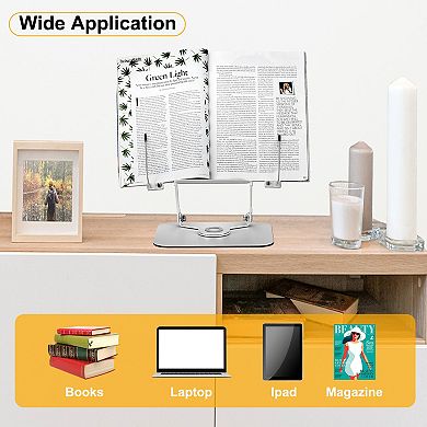 Book Stand for Reading, Adjustable Book Holder with 360° Swivel Base, Desktop Wood Cookbooks Stand