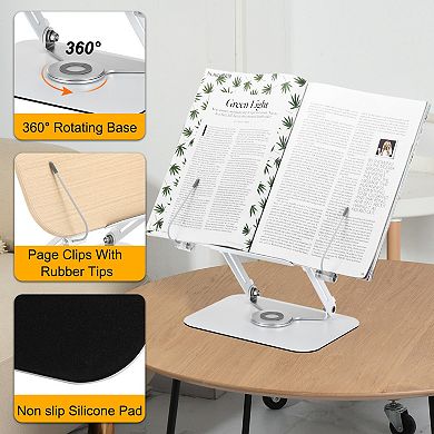 Book Stand for Reading, Adjustable Book Holder with 360° Swivel Base, Desktop Wood Cookbooks Stand