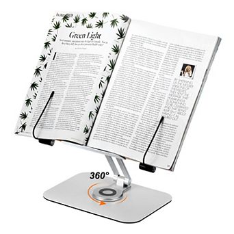 Book Stand for Reading, Adjustable Book Holder with 360° Swivel Base, Desktop Cookbooks Stand