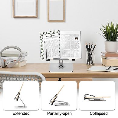 Book Stand for Reading, Adjustable Book Holder with 360° Swivel Base, Desktop Cookbooks Stand