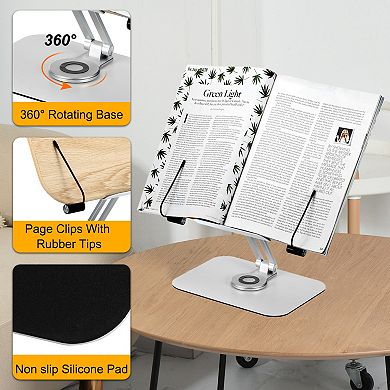 Book Stand for Reading, Adjustable Book Holder with 360° Swivel Base, Desktop Cookbooks Stand