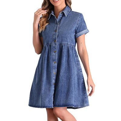 Denim Shirt Dress for Women's Collared Button Down Short Sleeve Babydoll  Jean Dresses with Pockets