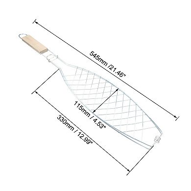 Stainless Steel Fish Grill Basket, 21.46" Long Wooden Handle, BBQ Grilling Roast Basket