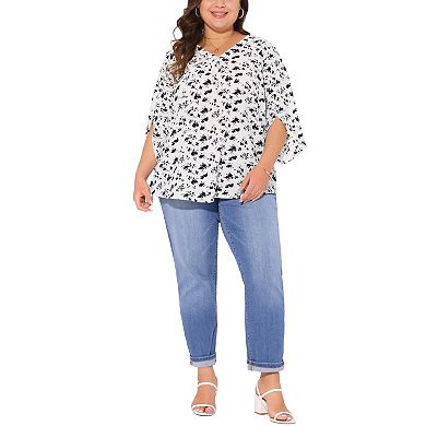Plus Size Top for Women 3/4 Sleeve V Neck Chiffon Work Shirt Dressy Tunic Tops