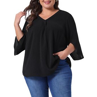 Plus Size Top for Women 3/4 Sleeve V Neck Chiffon Work Shirt Dressy Tunic Tops