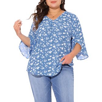 Plus Size Top for Women 3/4 Sleeve V Neck Chiffon Work Shirt Dressy Tunic Tops