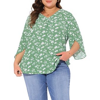 Plus Size Top for Women 3/4 Sleeve V Neck Chiffon Work Shirt Dressy Tunic Tops
