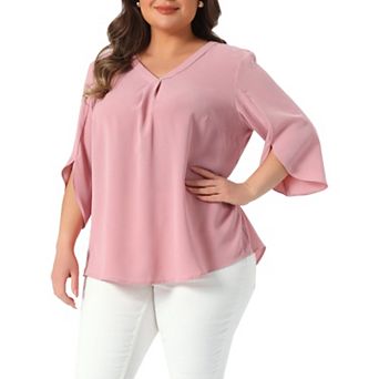 Plus Size Top for Women 3/4 Sleeve V Neck Chiffon Work Shirt Dressy Tunic Tops
