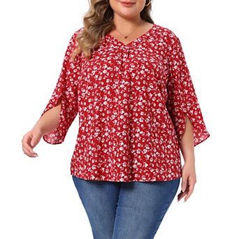 Plus Size Top for Women 3/4 Sleeve V Neck Chiffon Work Shirt Dressy Tunic Tops