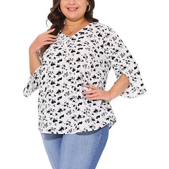 Plus Size Top for Women 3/4 Sleeve V Neck Chiffon Work Shirt Dressy Tunic Tops
