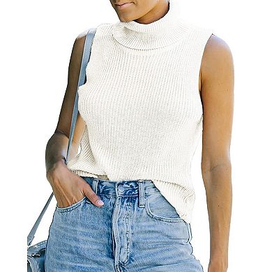 Womens Sleeveless Sweater Vest Turtleneck Ribbed Knit Tank Tops Basic Slim Fit Top