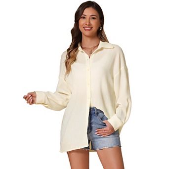 Long Sleeve Top for Women's Button Up Casual Loose Textured Shirt