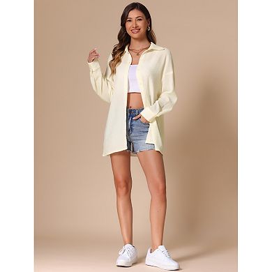 Long Sleeve Top for Women's Button Up Casual Loose Textured Shirt