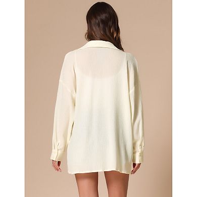 Long Sleeve Top for Women's Button Up Casual Loose Textured Shirt
