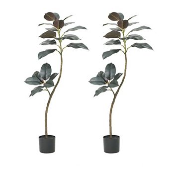 2 pc Artificial Rubber Tree, 4FT Tall Fake Tree with Pot Large Artificial Plants