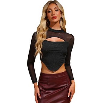 Glitter Top for Women's Mock Neck Keyhole Mesh Clubewear Sparkly Crop Top