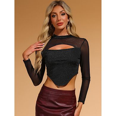 Glitter Top for Women's Mock Neck Keyhole Mesh Clubewear Sparkly Crop Top