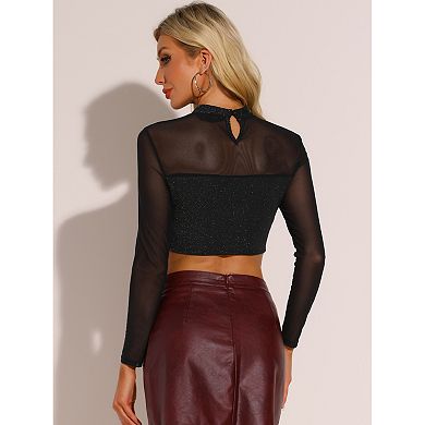 Glitter Top for Women's Mock Neck Keyhole Mesh Clubewear Sparkly Crop Top