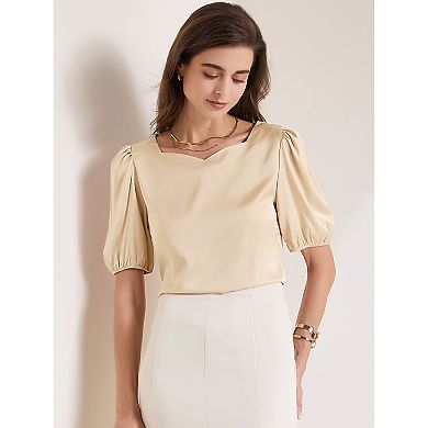 Women's Elegant Sweetheart Neck Half Sleeve Office Work Satin Blouse Top
