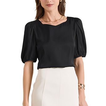 Women's Elegant Sweetheart Neck Half Sleeve Office Work Satin Blouse Top