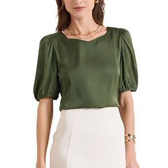 Women's Elegant Sweetheart Neck Half Sleeve Office Work Satin Blouse Top