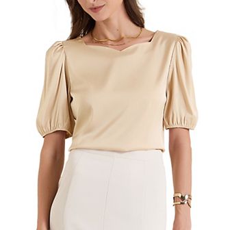 Women's Elegant Sweetheart Neck Half Sleeve Office Work Satin Blouse Top