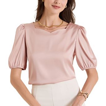 Women's Elegant Sweetheart Neck Half Sleeve Office Work Satin Blouse Top