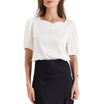 Women's Elegant Sweetheart Neck Half Sleeve Office Work Satin Blouse Top