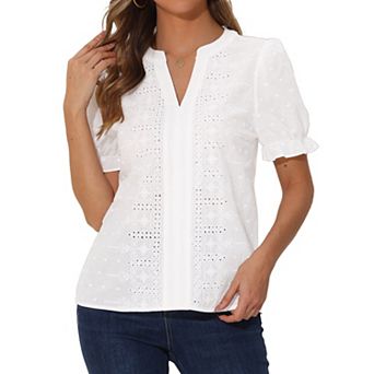 Casual Eyelet Top for Women's Notch V Neck Short Puffy Sleeve Lace Embroidered Cotton Blouse Shirts