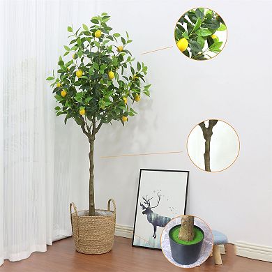 4ft Artificial Lemon Tree, Artificial Pre Potted Indoor Lemon Tree Plastic Lemon Fruit Tree
