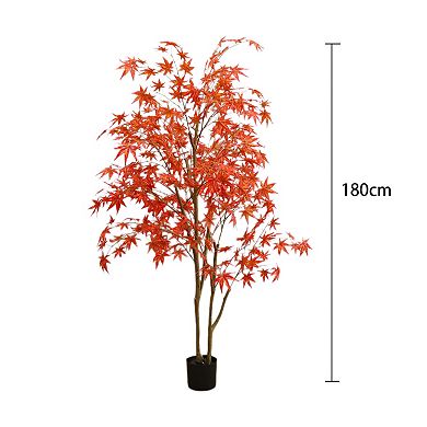 6 Ft Autumn Maple Artificial Fall Tree,Faux Red Maple Leaves Silk Maple Tree with Planter