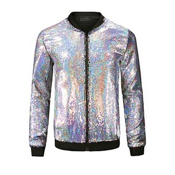 Sequin Jacket for Men's Zip Up Long Sleeves Party Disco Sparkly Bomber Jacket
