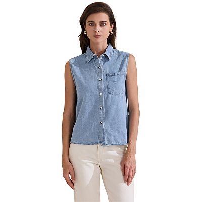 Women's Sleeveless Denim Button Down Single Breasted Shirts