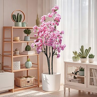 5FT Artificial Cherry Blossom Tree,Decorative Cherry Blossom Silk Tree in Pot, Double Pole