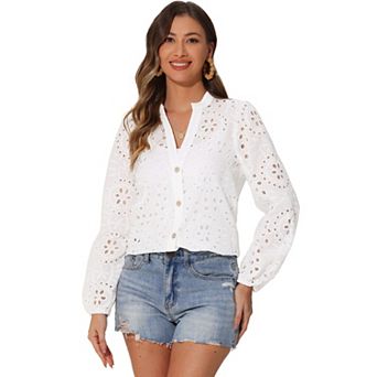 Boho Blouse for Women's Collared V Neck Hollow-Out Eyelet Puffy Sleeve Button-Up Shirt