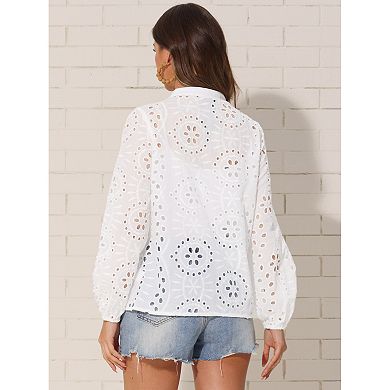 Boho Blouse for Women's Collared V Neck Hollow-Out Eyelet Puffy Sleeve Button-Up Shirt