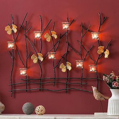 LuxenHome Metal Nature Branches Wall Decor with 8 Tea Light Glass Candle Holders