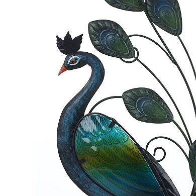 LuxenHome Blue and Green Peacock Metal and Glass Wall Décor, Indoor and Outdoor
