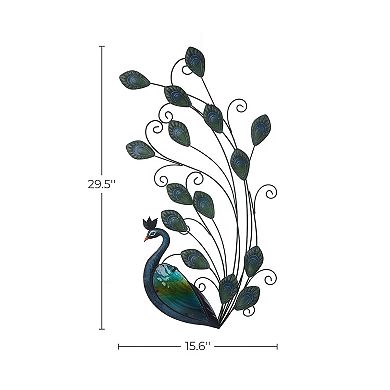LuxenHome Blue and Green Peacock Metal and Glass Wall Décor, Indoor and Outdoor
