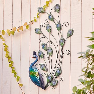 LuxenHome Blue and Green Peacock Metal and Glass Wall Décor, Indoor and Outdoor