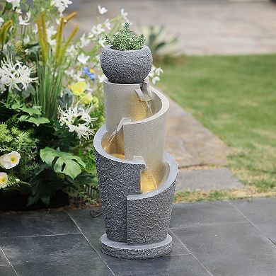 LuxenHome Gray Resin Cascading Spiral Outdoor Fountain with LED Lights