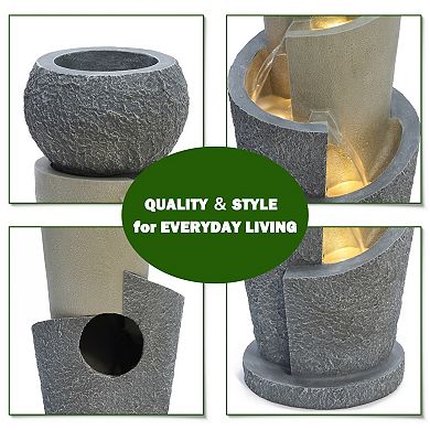LuxenHome Gray Resin Cascading Spiral Outdoor Fountain with LED Lights