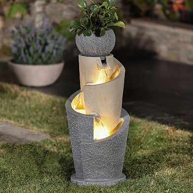 LuxenHome Gray Resin Cascading Spiral Outdoor Fountain with LED Lights